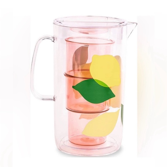 NEW - Kate Spade Lemon Pitcher Set with 2 Pink Cups - Picture 2 of 5